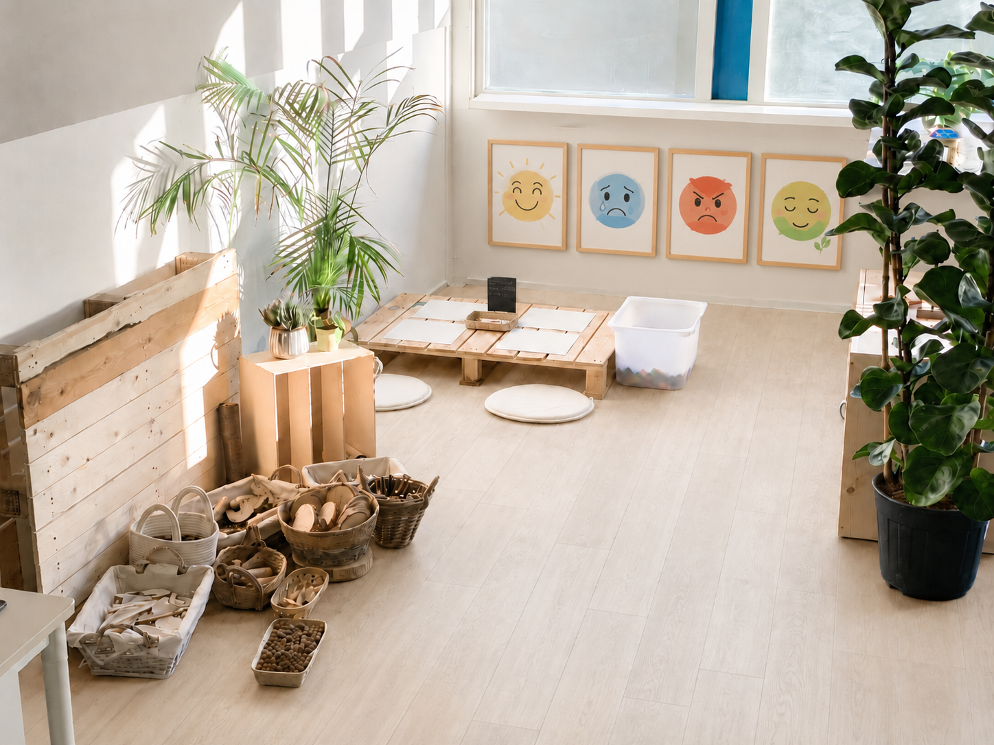 A calm, less-is-more learning space with natural materials, baskets, plants and a low pallet table